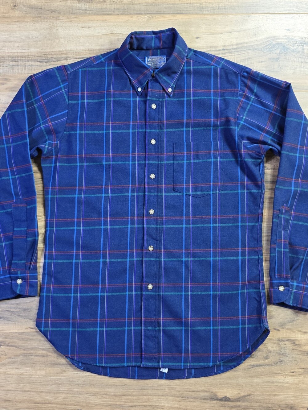 Sir Pendleton Wool Button Down Shirt Blue Plaid Vintage Cabincore Medium Mens
